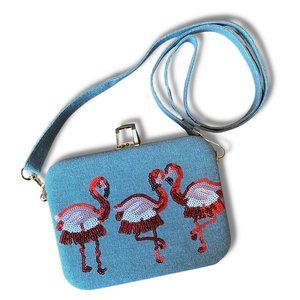Versona Denim Sequin Flamingo crossbody clutch purse